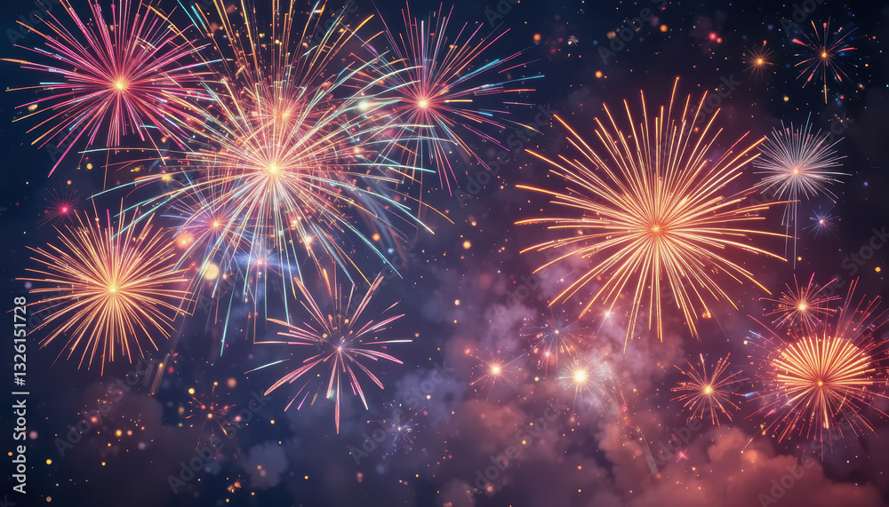 Fototapeta premium Colorful fireworks display lighting up night sky with vibrant bursts and sparkles