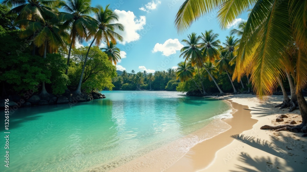 Fototapeta premium A tranquil tropical lagoon encircled by swaying palm trees, crystal-clear turquoise waters gently rippling, reflecting the soft sunlight in this serene paradise.