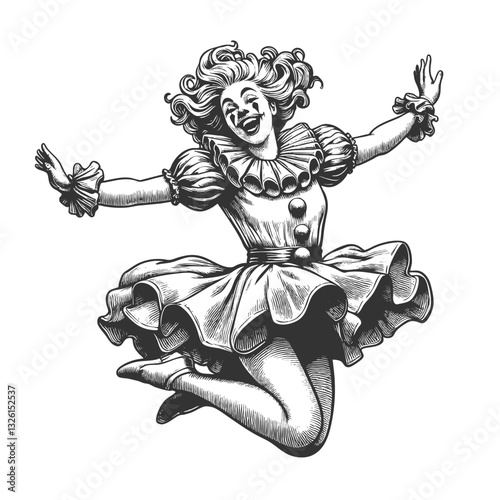 joyful clown mid-jump, wearing a vintage ruffled outfit with striped pants and playful expression sketch engraving generative ai vector illustration. Scratch board imitation. Black and white image.