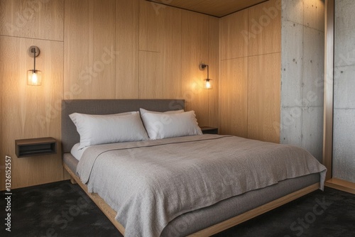 Wallpaper Mural Modern bedroom with wooden walls, concrete accents, and a gray bedspread. Torontodigital.ca