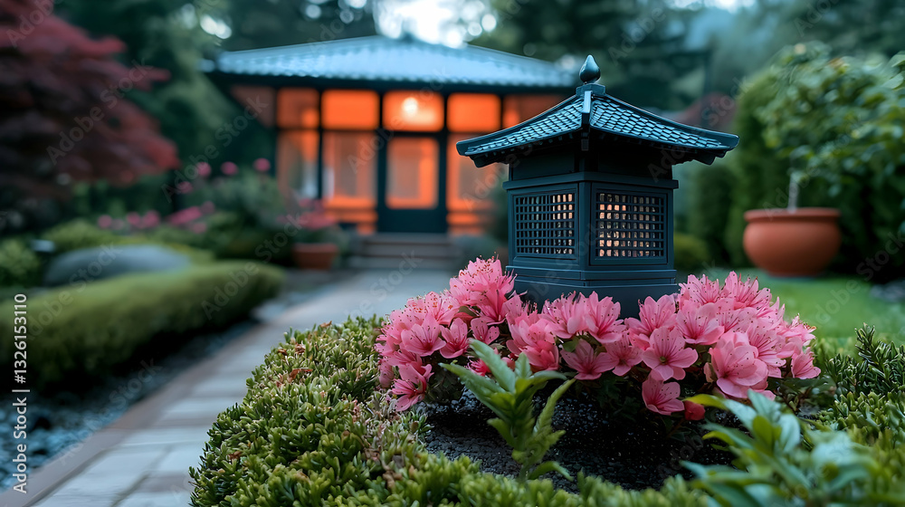 A decorative garden features a lantern and vibrant flowering shrubs