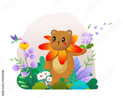 Digital illustration of a cute brown bear with a flower, standing in a lush, colorful garden.