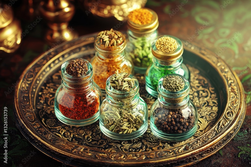 An artful arrangement of various aromatic spices in glass jars on an ornate tray, emphasizing the rich colors and textures of culinary ingredients for exotic cooking. An artful arrangement of various aromatic spices in glass jars on an ornate tray, emphasizing the rich colors and textures of culinary ingredients for exotic cooking.