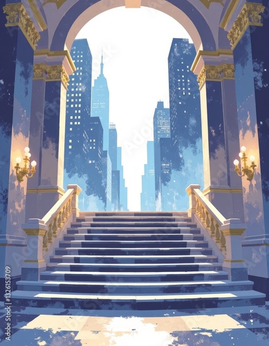 Ornate marble staircase divided by plexiglass barrier, dramatic cityscape contrast, 8K inequality illustration with copy space
