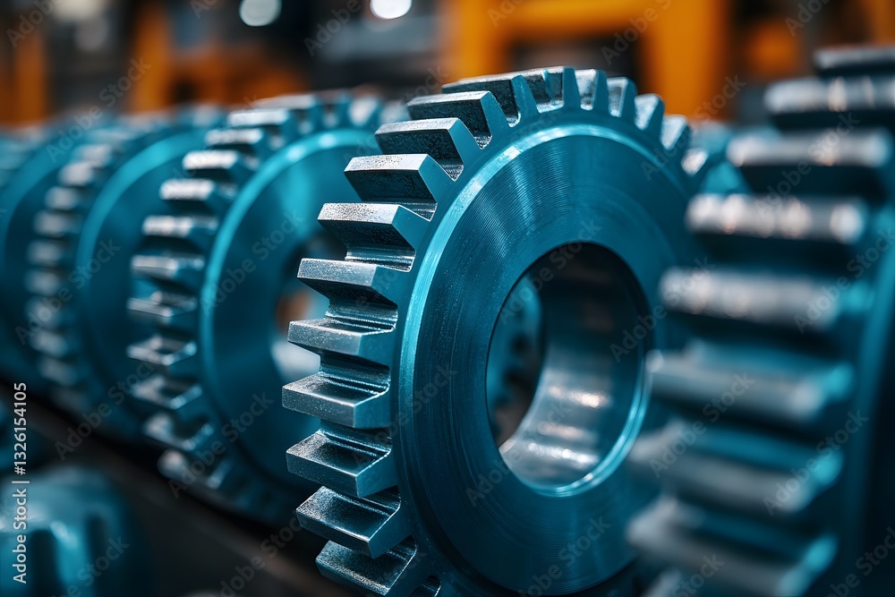 Fototapeta premium Industrial Engineering: Close-Up of Blue Metallic Gears for Mechanical Design and Automation