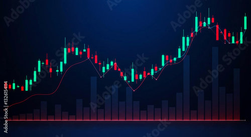 Gráfico financiero dinámico con gráficos de fluctuación en neón, líneas de tendencia y velas rojas y verdes, con elementos brillantes sobre un fondo azul oscuro

