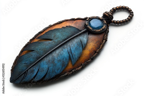 Eye-Level Close-up Handcrafted Feather Amulet with Blue Gemstone, Wood Beads - Spiritual Talisman, Bohemian Jewelry, Artistic Design, Unique Pendant.