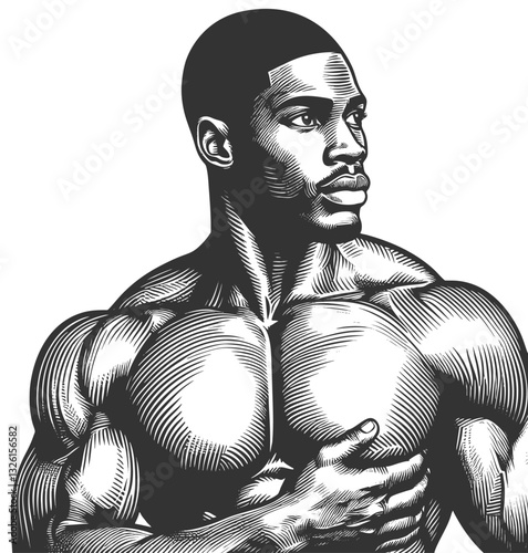 strong, muscular man with a focused expression, symbolizing confidence, power, and athleticism sketch engraving generative ai vector illustration. Scratch board imitation. Black and white image.