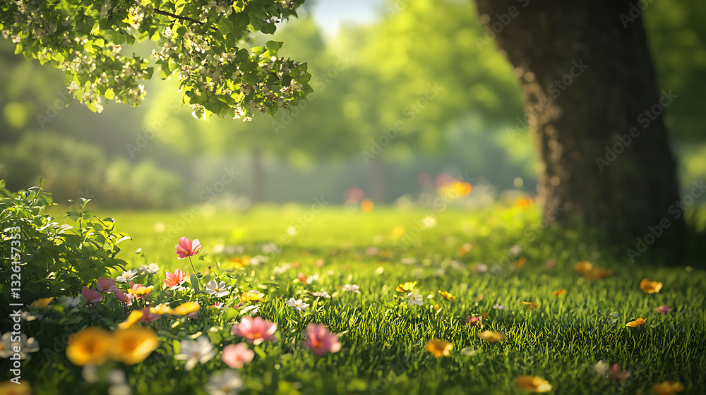 Fototapeta premium Beautiful spring landscape with blooming meadow and blossoming trees