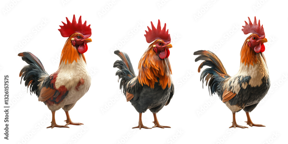 Fototapeta premium Three roosters standing proudly presenting farm life imagery suitable for poultry industry promotion or rustic branding.