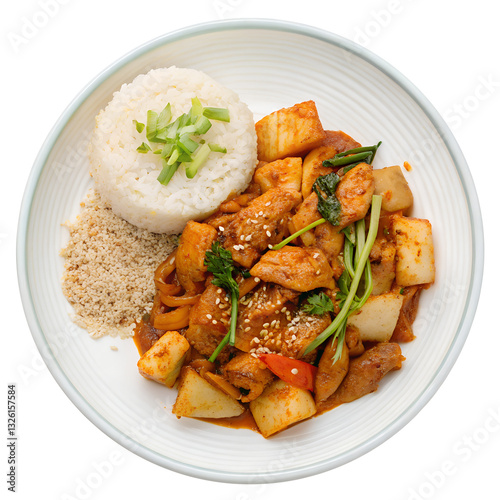 Top view of Dakgalbi (spicy stir-fried chicken) with rice cakes, cabbage, and perilla leaves on a white plate., Isolated on a transparent background