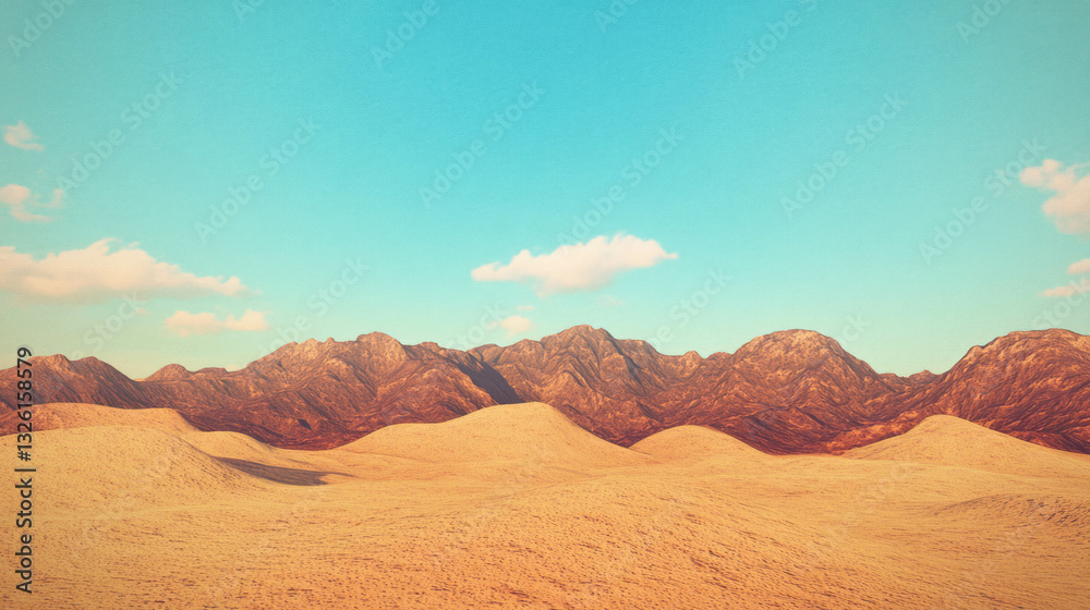 Serene desert landscape with rolling dunes and rugged mountains under blue sky Serene desert landscape with rolling dunes and rugged mountains under blue sky