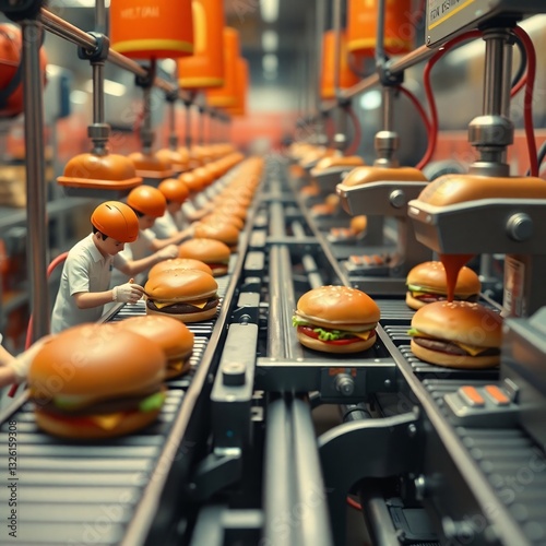 Futuristic food production line with burgers and automation mechanisms