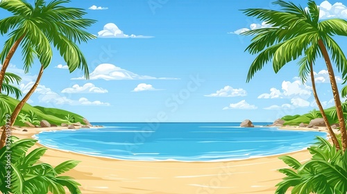 Idyllic Tropical Beach Scene Turquoise Waters Palm Trees and Sandy Shores