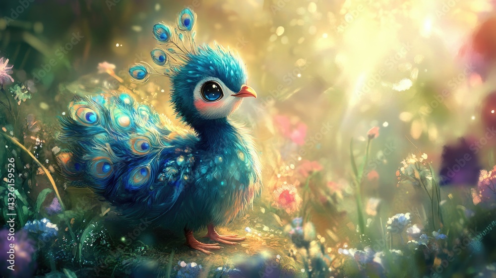 Obraz premium A beautiful little peacock chick is standing among flowers and grass