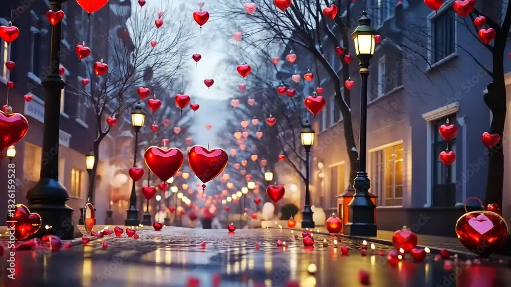 Enchanting Heartfelt Evening in a Romantic Street with Floating Hearts and Soft Lighting