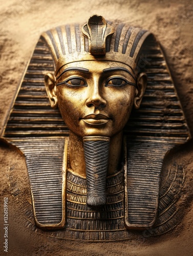 A detailed golden Egyptian pharaoh's mask with intricate designs, representing ancient art and culture, set against a textured, earthy background.
