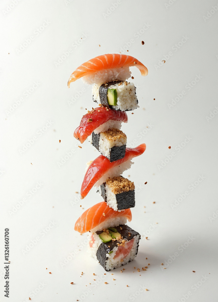 A creative tower composition of flying imbalanced sushi, magazine cover design, white background, high detail mockup menu