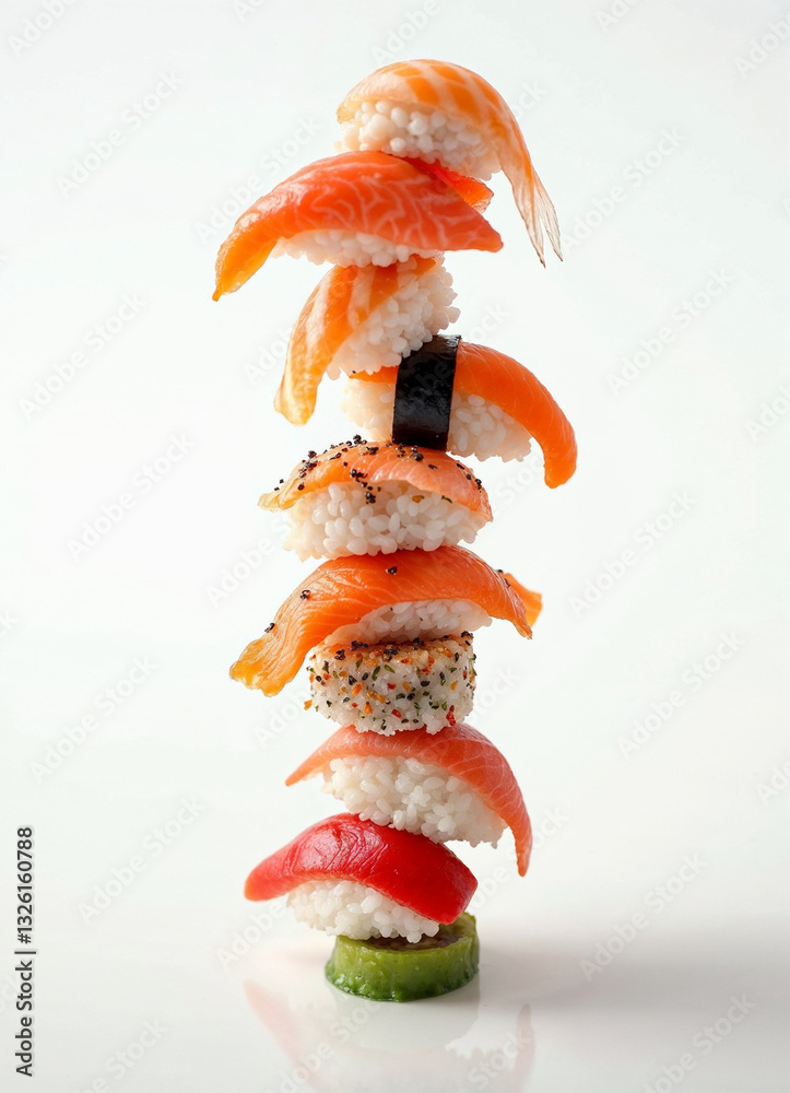 A creative tower composition of flying imbalanced sushi, magazine cover design, white background, high detail mockup menu