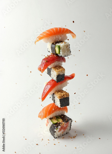 Obraz na płótnie A creative tower composition of flying imbalanced sushi, magazine cover design, white background, high detail mockup menu w salonie