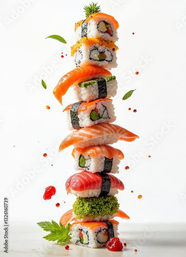 A creative tower composition of flying imbalanced sushi, magazine cover design, white background, high detail mockup menu