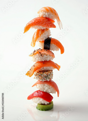 Obraz na płótnie A creative tower composition of flying imbalanced sushi, magazine cover design, white background, high detail mockup menu w salonie