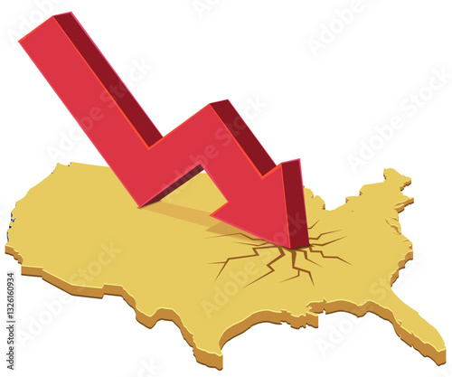 3D yellow map of the United States with a red arrow going down and cracking the map (cut out)