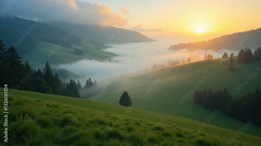 Fototapeta premium A misty valley at dawn, rolling fog drifting over lush green hills, partially obscuring scattered trees, while the soft golden sunlight filters through the haze in a dreamy landscape.
