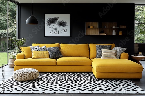 An inviting living room features a yellow sectional sofa and art photo