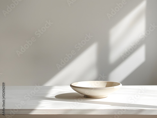 A minimalist-style ceramic shallow bowl in sunlight