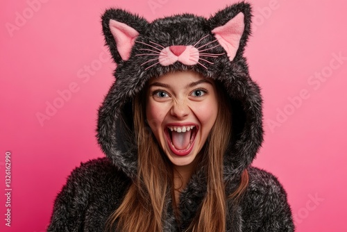 A playful girl dressed as a cat with a comical expression, great for humor and amusement themes