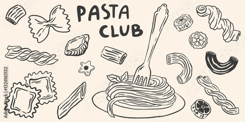 Minimalist hand drawn pasta vector set. Different Mediterranean spaghetti types. Italy la dolce vita coast food for greeting cards, poster, postcards. Doodle sketch icons in crayon drawing style