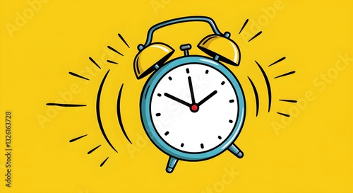 A vibrant vector illustration of a ringing alarm clock in comic book style, featuring bold lines, dynamic effects, and energetic motion.