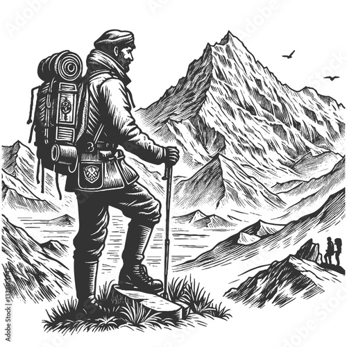 hiker standing on alpine mountain ridge, gazing at a scenic valley and lake, evoking adventure and exploration sketch engraving generative ai vector illustration. Scratch board. Black and white image.