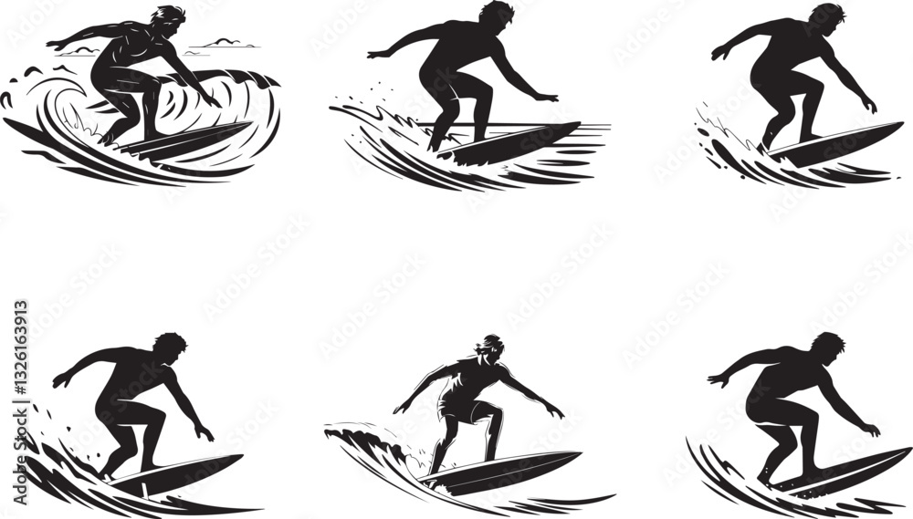 Surfer Vector Icon Set for Sports and Adventure Designs Surfer Vector Icon Set for Sports and Adventure Designs