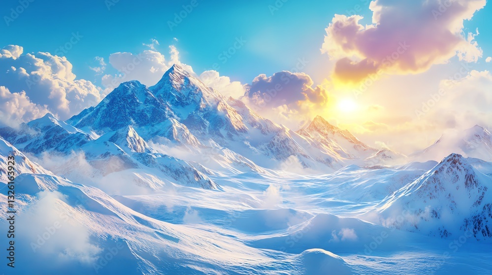 Fototapeta premium Snowy Mountain Range Under a Sunny Sky with Light Clouds Scenery