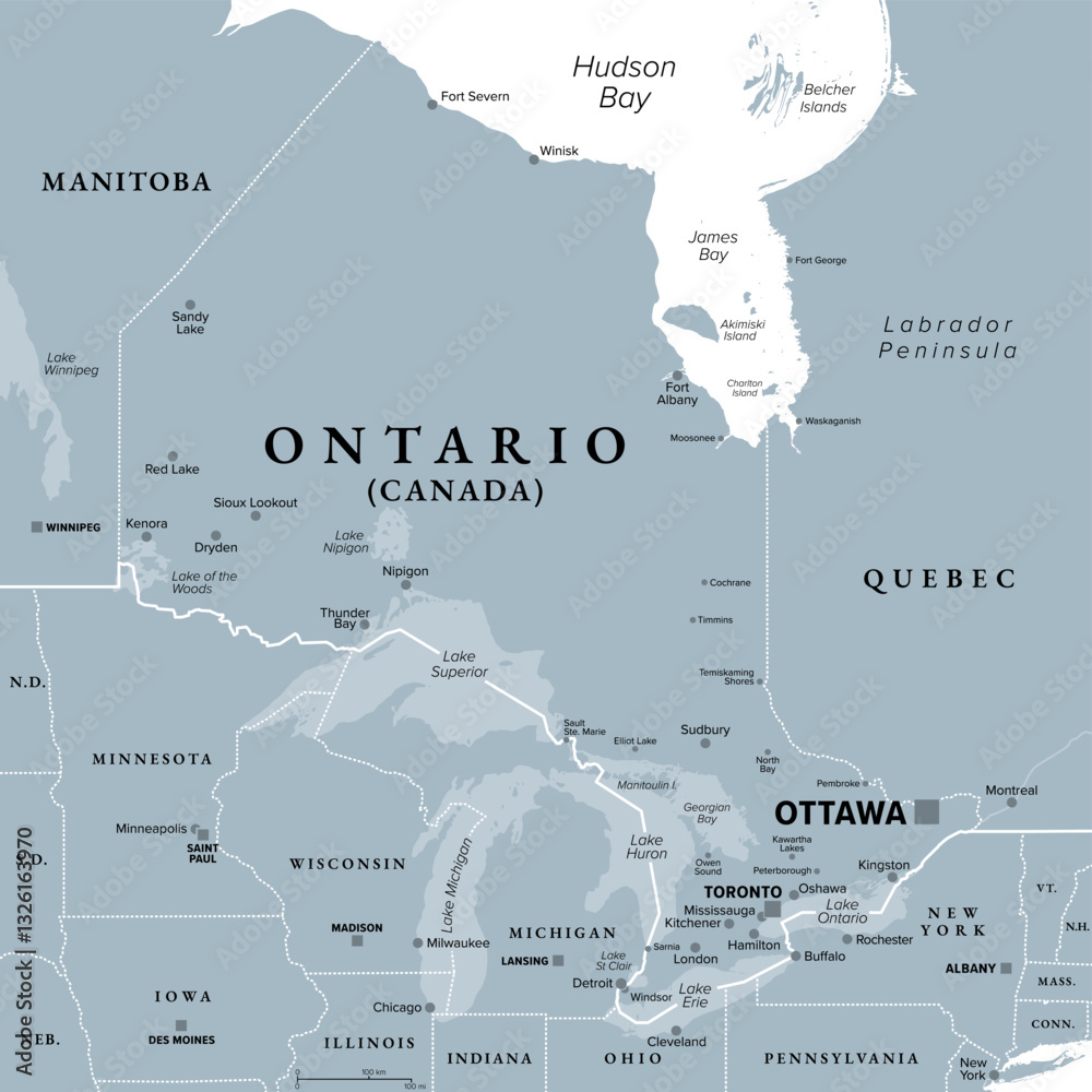 Fototapeta premium Ontario, southernmost province of Canada, gray political map. Located in Central Canada, the most populous province of the country with capital Toronto, and home of the national capital Ottawa. Vector