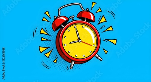 A vibrant vector illustration of a ringing alarm clock in comic book style, featuring bold lines, dynamic effects, and energetic motion.
