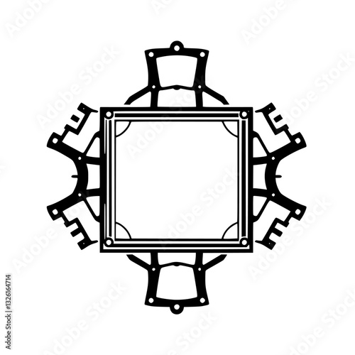 Ornate Black and White Geometric Design: Symmetrical Square Frame with Abstract Appendages, Minimalist Vector Art on White.