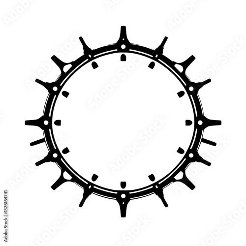 Intricate Black Gear Shape in a Circular Pattern, Isolated on a White Background, Showcasing Mechanical Design and Symmetry.