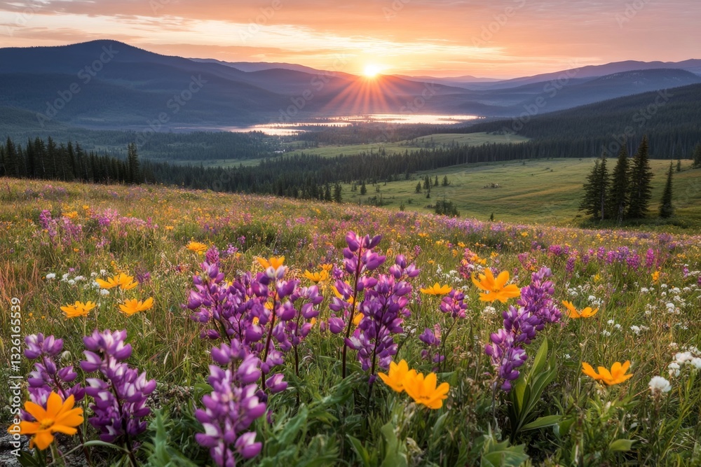 Obraz premium A springtime sunrise illuminating a meadow filled with blossoms, with soft golden light enhancing the vibrant colors
