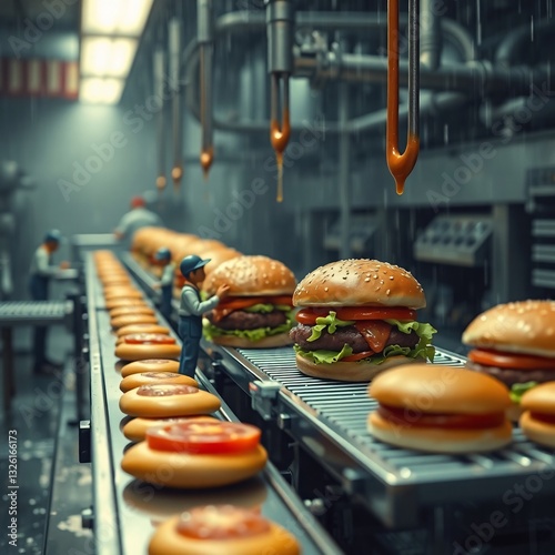 Automated burger production line with miniature figures and condiment dispensers