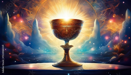 An ethereal and surreal painting of a luminous Holy Communion chalice in a dreamy and mystical setting. A spiritual and evocative artwork