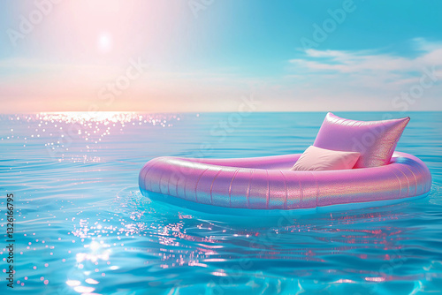 A pink, glittery float drifts on the water, surrounded by lush tropical scenery, creating a dreamy and surreal summer paradise.