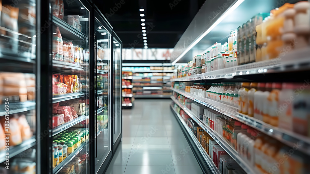 Busy Supermarket Aisle with Refrigerated Shelves Displaying a Variety of Packaged Goods : Generative AI