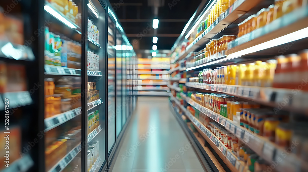 Busy Supermarket Aisle with Refrigerated Shelves Displaying a Variety of Packaged Goods : Generative AI Busy Supermarket Aisle with Refrigerated Shelves Displaying a Variety of Packaged Goods : Generative AI