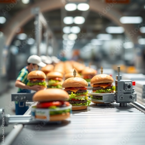 Automated food production: Conveyor belt with burgers in a factory setting