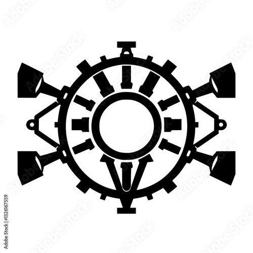 Complex mechanical gear assembly with pistons and interconnected structural elements, a bold black and white abstract design.