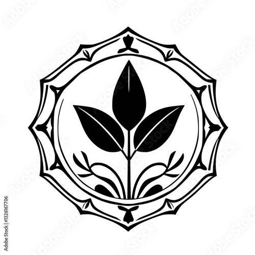 Black and white minimalist symmetrical botanical emblem with a stylized floral design encapsulated within an ornate polygonal frame.