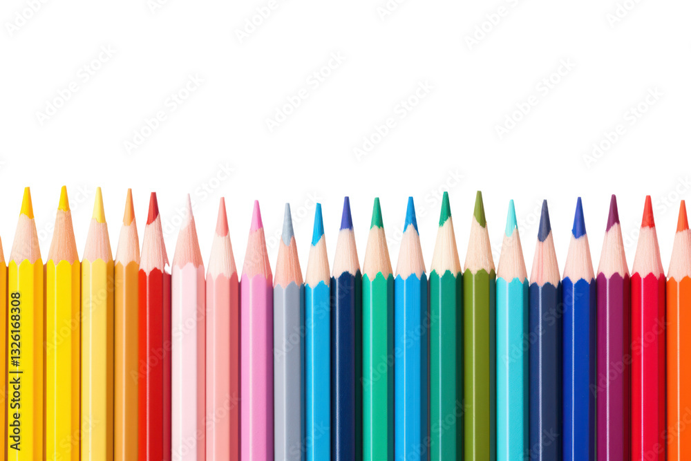 A set of colored pencils with different lengths and colors, neatly organized in a gradient pattern, isolated on white background A set of colored pencils with different lengths and colors, neatly organized in a gradient pattern, isolated on white background